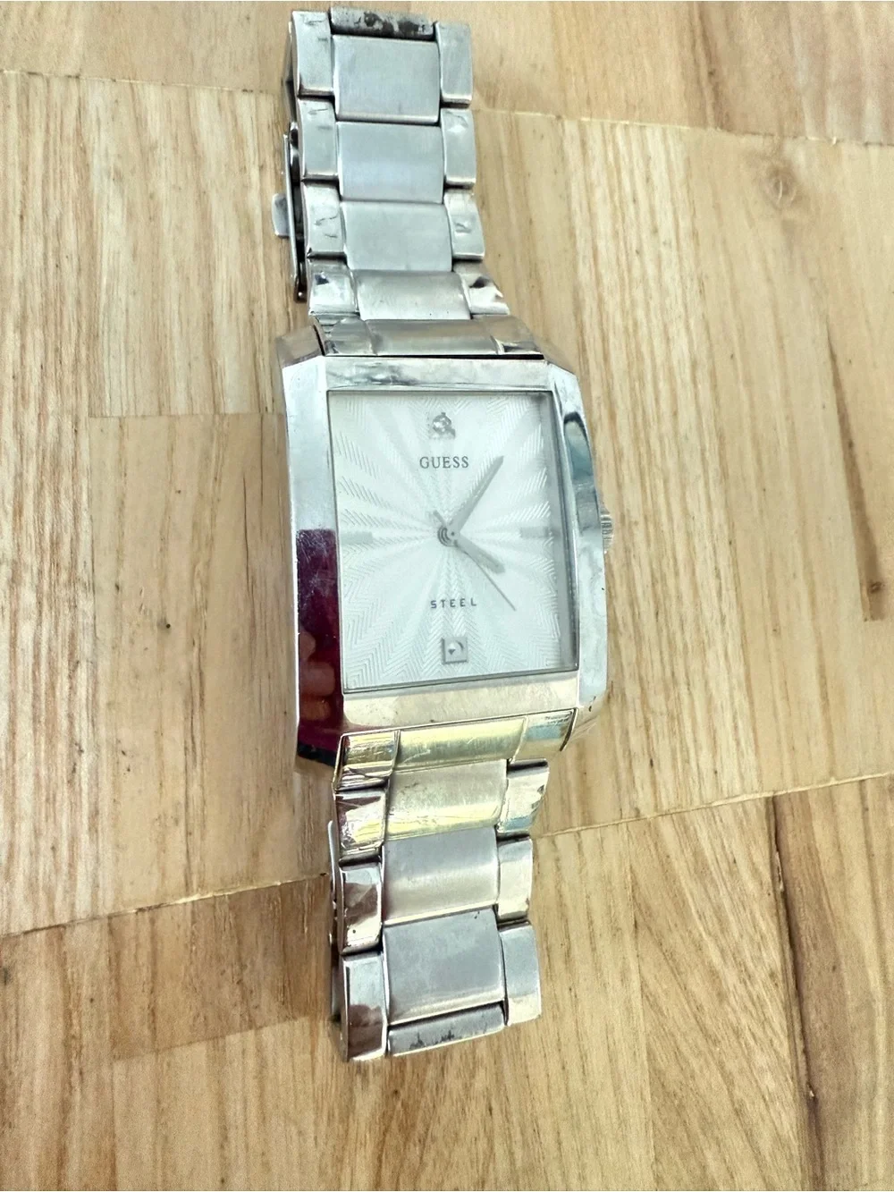 Guess steel rectangular silver tone watch NEW BATTERY